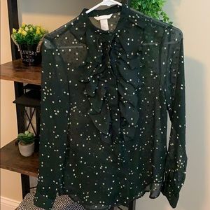 Green patterned button up blouse with ruffle